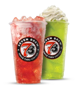 Seven Brew red fizz slush and green fizz drink topped with whipped cream