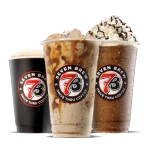 Three Seven Brew The 7 Originals drinks — black hot cup, caramel iced drink, and mocha with whipped cream
